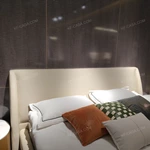 Creamy Ivory Upholstered Bed with Diamond-Quilted Detailing, Gilded Emblem & High-Gloss Natural Wood Veneer Trim